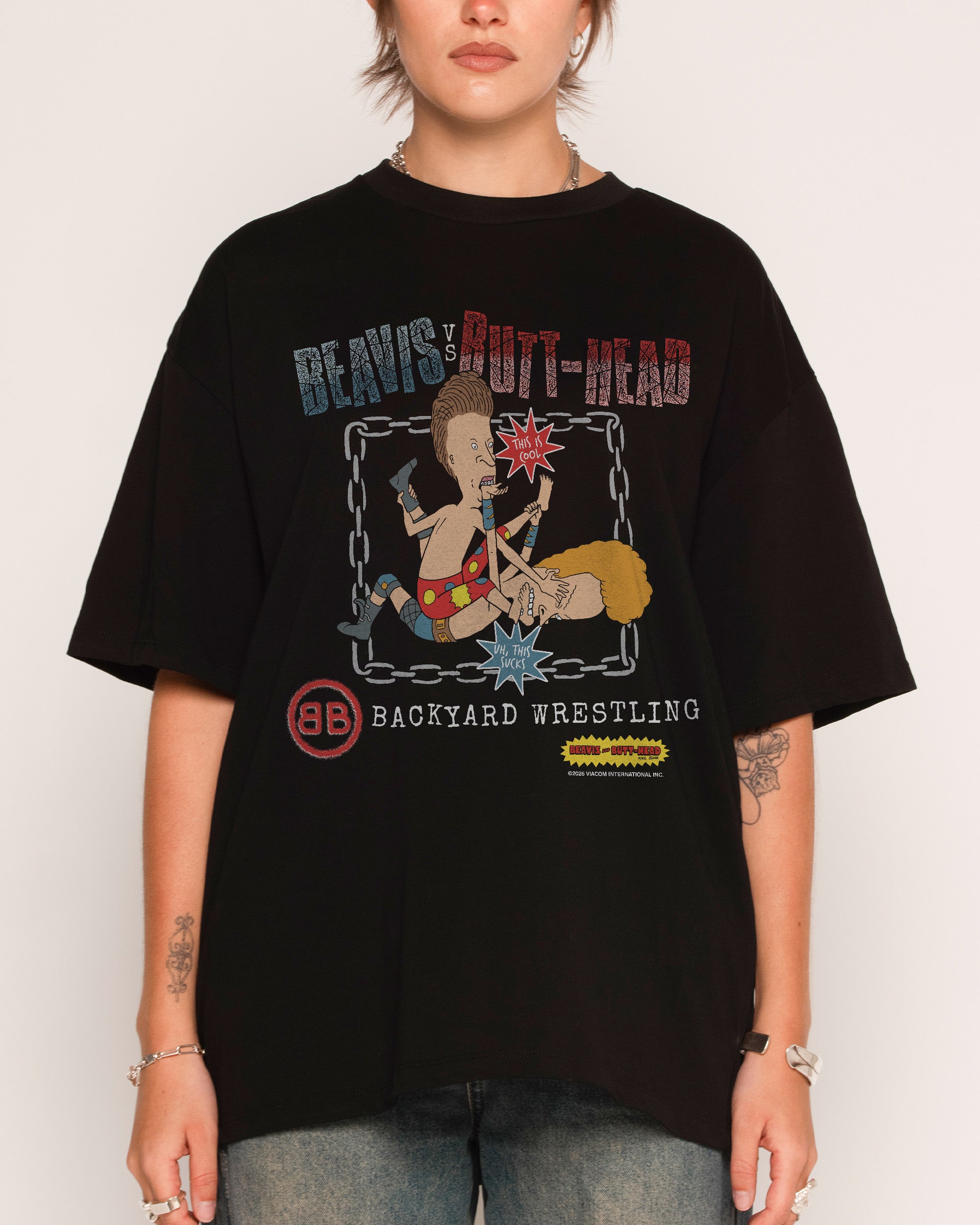 Backyard Wrestling Oversized Graphic Tee Beavis and Butt-Head Collab Unisex 100% Combed Cotton