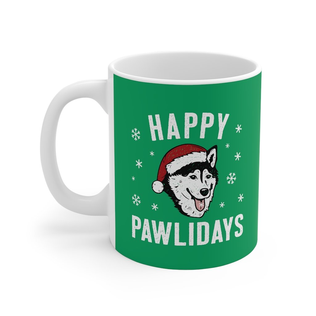 Happy Pawlidays Coffee Mug - White Ceramic Dog Santa Paws Design