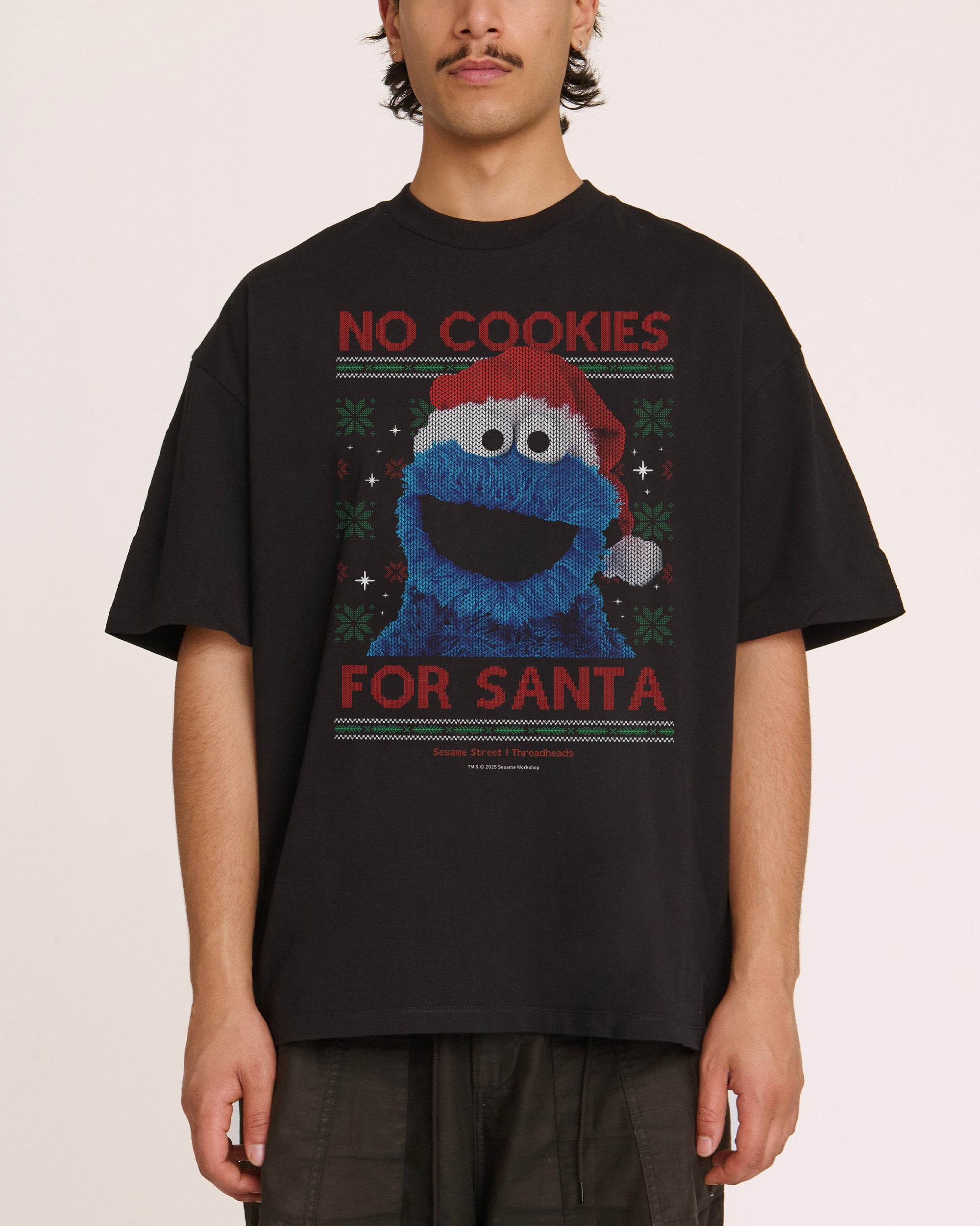 No Cookies for Santa Sesame Street Oversized Graphic Tee Unisex 90s Boxy Fit 275gsm Combed Cotton