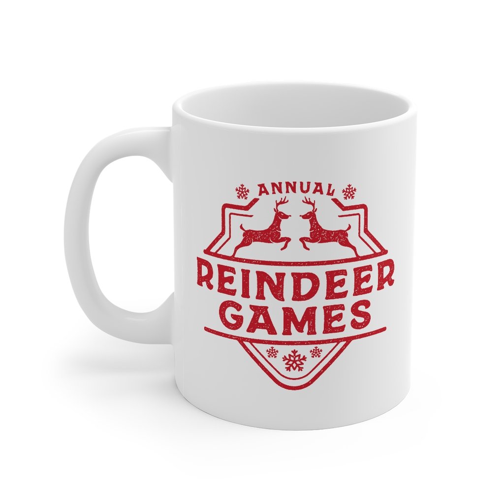 Reindeer Games Coffee Mug - White Ceramic Rudolph Design 11oz